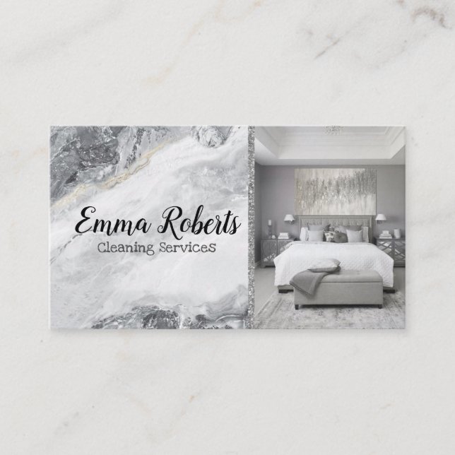 Tarjeta De Visita Servicios de limpieza | Maid Service Silver Marble (Anverso)