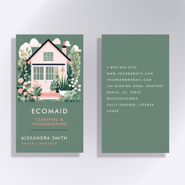 Tarjeta De Visita Servicios de limpieza Manejo de casa Scandi House  (cleaning housekeeper janitorial business card scandi scandinavian elegant modern green simple classy)