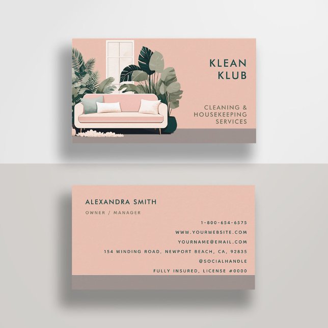 Tarjeta De Visita Servicios de limpieza Mano de casa Retro Rosa Clás (cleaning housekeeper janitorial business card retro vintage elegant modern chic simple minimal pink )