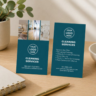 Tarjeta De Visita Servicios de Limpieza Moderno Verde Cyan Logo Foto