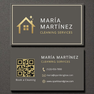 Tarjeta De Visita Servicios de limpieza modernos con código QR dorad