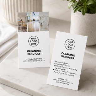 Tarjeta De Visita Servicios de Limpieza Modernos Logo Foto Blanco