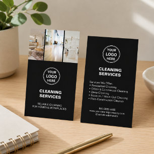 Tarjeta De Visita Servicios de Limpieza Modernos Logo Foto Negro