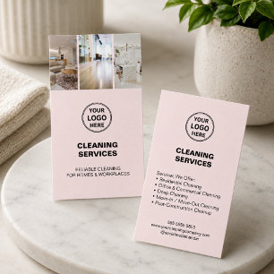 Tarjeta De Visita Servicios de Limpieza Modernos Logo Foto Rosa