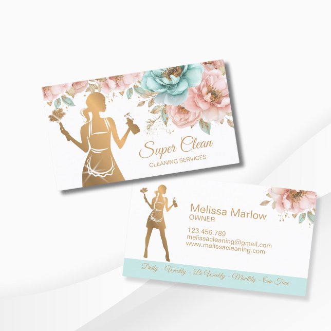 Tarjeta De Visita Servicios de limpieza profesional de la Casa de Li (gold maid with blush pink and blue peonies)