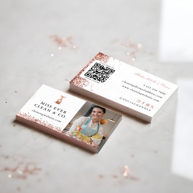 Tarjeta De Visita Servicios de Limpieza y Amañadoras Glitter Foto y  (Glitter Cleaning & Maid Services Photo And Qr Code Business Card)