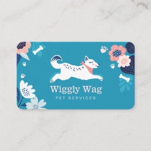 Tarjeta De Visita Servicios de Mascota Azul Botánico Floral de Perro