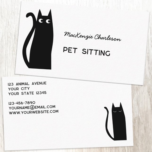 Tarjeta De Visita Servicios de Mascota de gato negro (Black cat pet sitting feeding animal services custom text business cards)