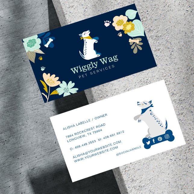 Tarjeta De Visita Servicios de Mascota de la Marina Botánica Cute Ha (Cute Happy Dog Floral Botanical Navy Pet Services Business Card)