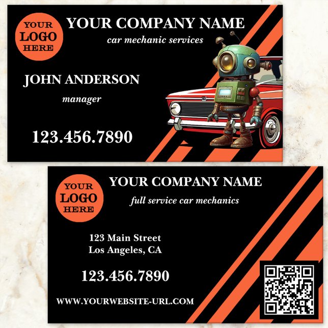 Tarjeta De Visita Servicios de mecánica de coches profesionales (Car mechanic repair business card showing an eye-catching design in black and orange - with QR code)