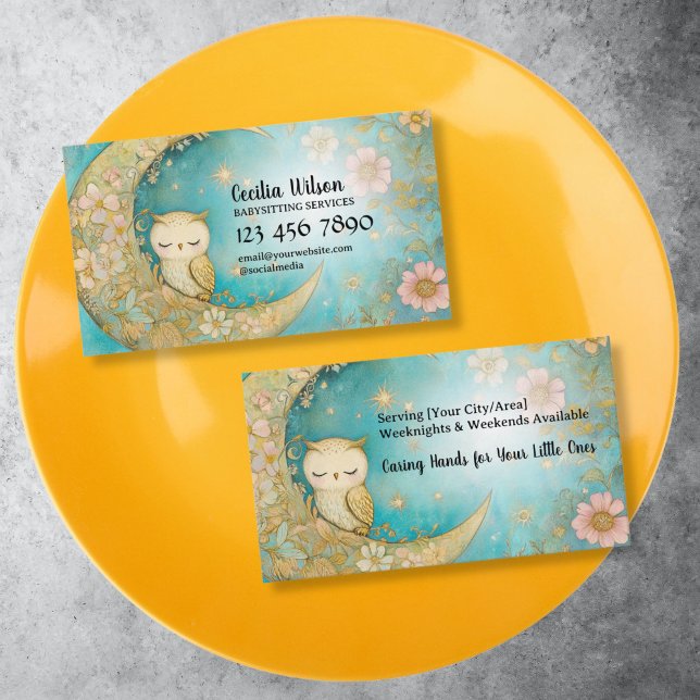 Tarjeta De Visita Servicios de niñera, niñera, niñera, cuidado infan (cute little owl babysitter business card, pastel blue)