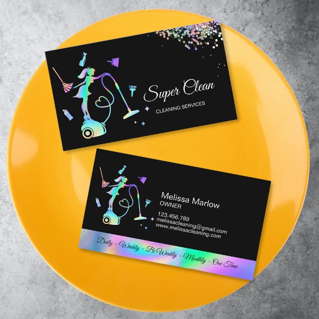 Tarjeta De Visita Servicios de oficina de limpieza Rosa de limpieza  (holographic maid on the vacuum cleaner surrounded with cleaning tools)