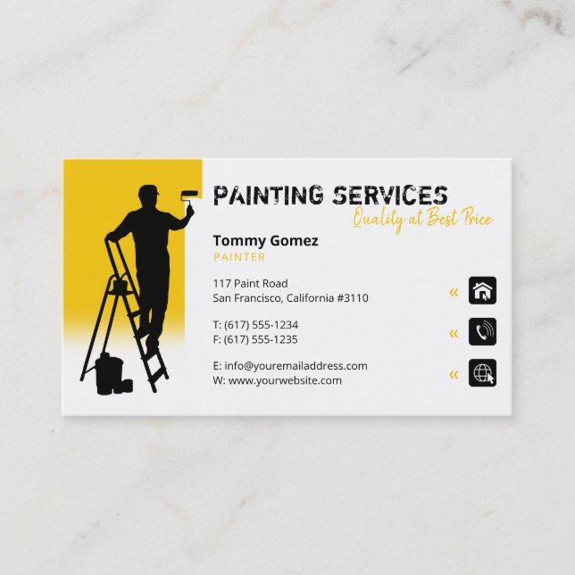 Tarjeta De Visita Servicios de pintura | Amarillo pintor en el traba (Anverso)