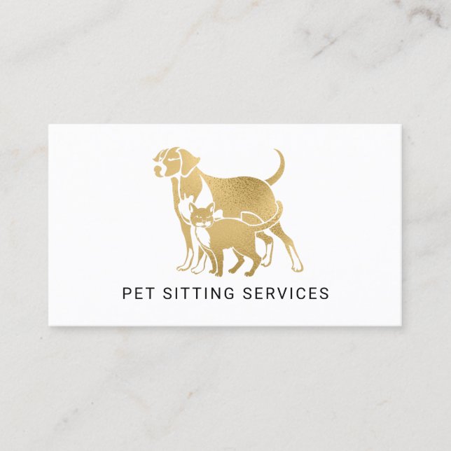 Tarjeta De Visita Servicios de sentada para mascotas Oro y Blanco  (Anverso)