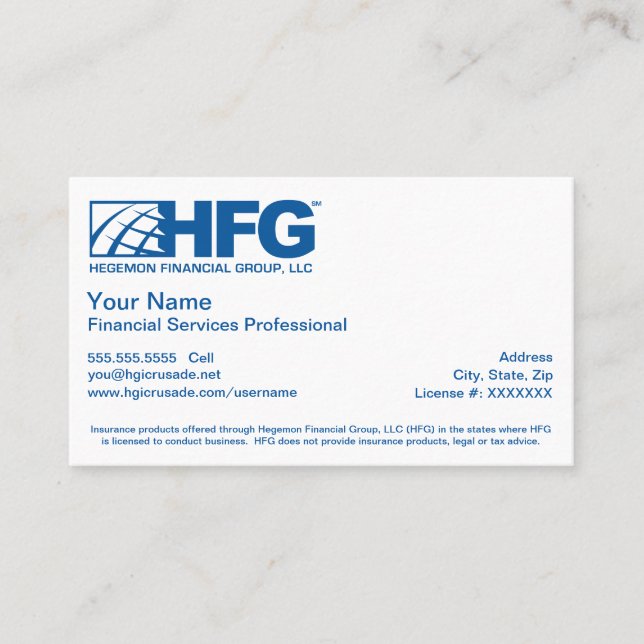 Tarjeta De Visita Servicios financieros de HFG profesionales (Anverso)