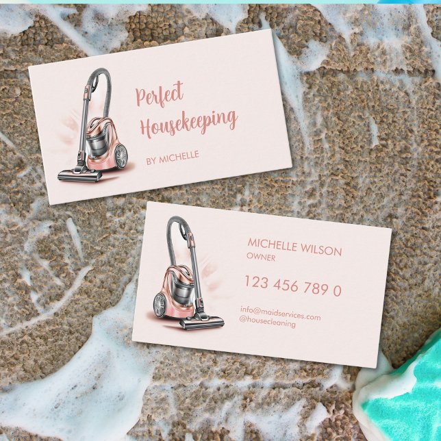Tarjeta De Visita Servicios modernos de limpieza de doncellas rosas (pink vacuum cleaner)