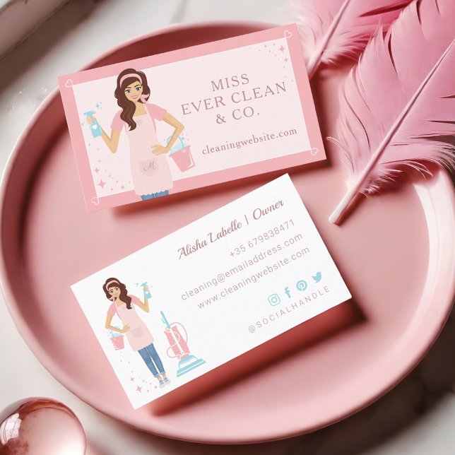 Tarjeta De Visita Servicios modernos de limpieza de mujeres y emplea (Modern Pretty Woman Cleaning & Maid Services Business Card)