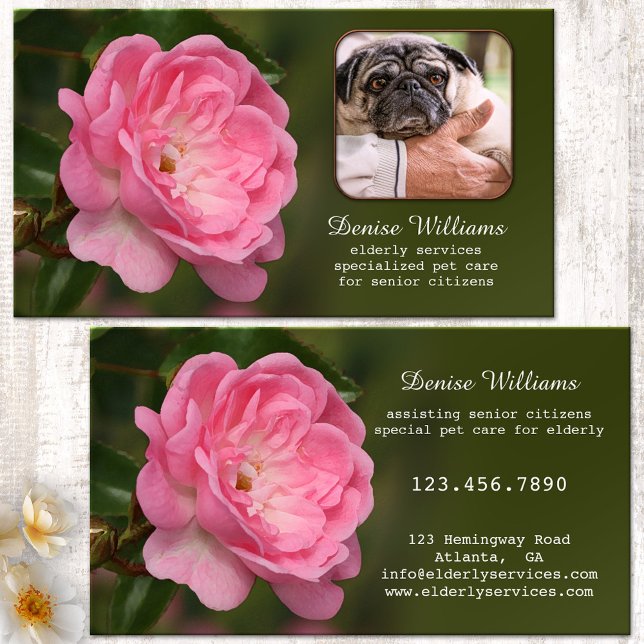 Tarjeta De Visita Servicios para adultos mayores y foto de cuidado d (Business card featuring a fresh pink rose on green - geriatric care, care giver, home care)