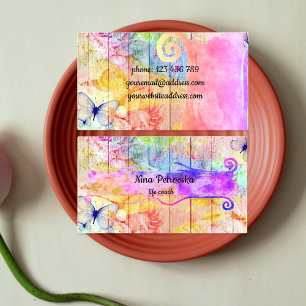 Tarjeta De Visita Shabby Chic Butterflies y Rosas en madera rusa