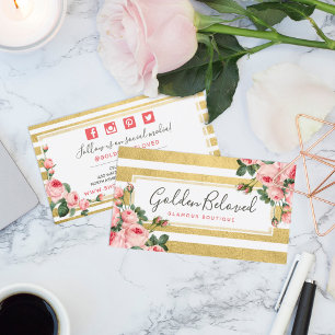 Tarjeta De Visita Shabby Chic Vintage Rosas y bandas de oro sociales