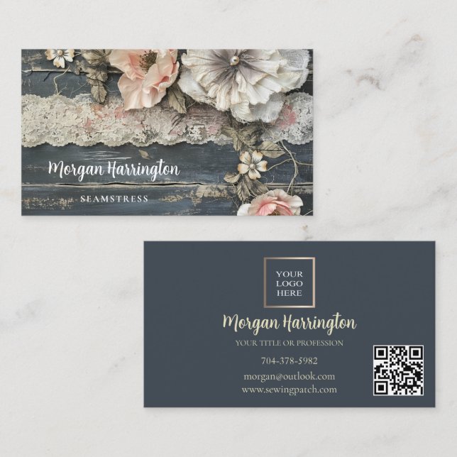 Tarjeta De Visita Shabby Flowers & Lace Business Card (Anverso / Reverso)