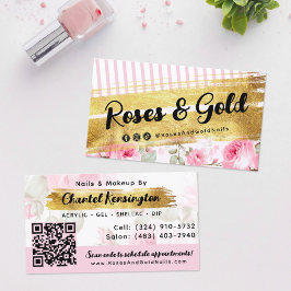 Tarjeta De Visita Shabby Rubor Watercolor Rosas Gold Social QR Code