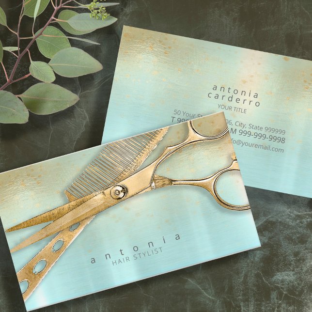 Tarjeta De Visita Sheen and Shears Hair Stylist Gold/Verde azulada I (Subido por el creador)