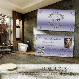Tarjeta De Visita Shimmery Blue Silver Decour Logo Photo and QR Code
