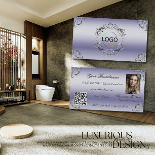 Tarjeta De Visita Shimmery Blue Silver Decour Logo Photo and QR Code