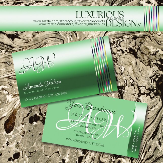 Tarjeta De Visita Shimmery Emerald Green Colorful Stripes Monograma (Subido por el creador)