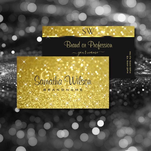 Tarjeta De Visita Shimmery Gold Purpurina Esparkling Stars and Initi (Subido por el creador)