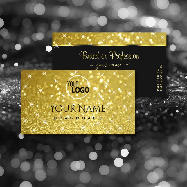 Tarjeta De Visita Shimmery Gold Purpurina Sparkling Stars y Logo (Subido por el creador)