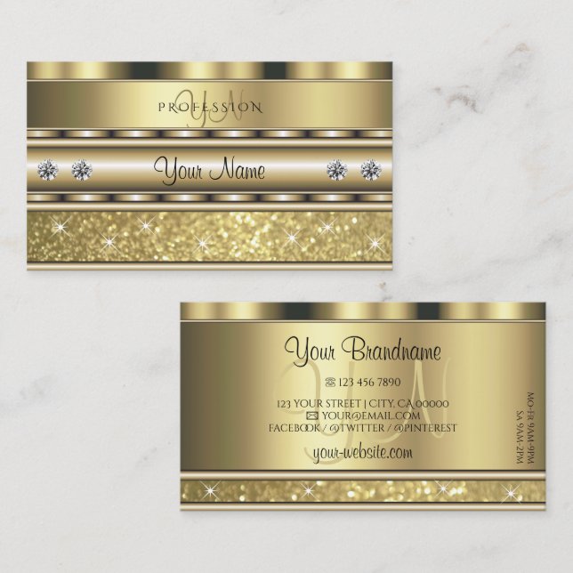 Tarjeta De Visita Shimmery Gold Sparkling Purpurina Monograma Lujoso (Anverso / Reverso)