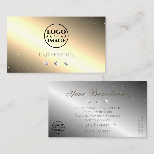 Tarjeta De Visita Shimmery Golden Silver Sparkling Diamantes Añadir  (Anverso / Reverso)