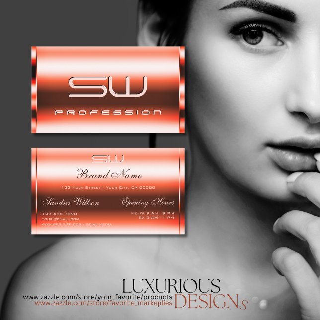 Tarjeta De Visita Shimmery Vermilion Red 3D Iniciales Abriendo Horas (Subido por el creador)