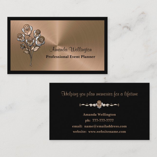 Tarjeta De Visita Shiny Copper Floral Event Planner Business Card (Anverso / Reverso)