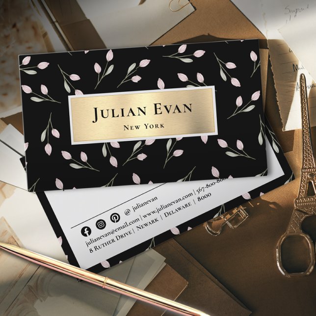 Tarjeta De Visita Shiny Gold Floral Black Business Card (Subido por el creador)