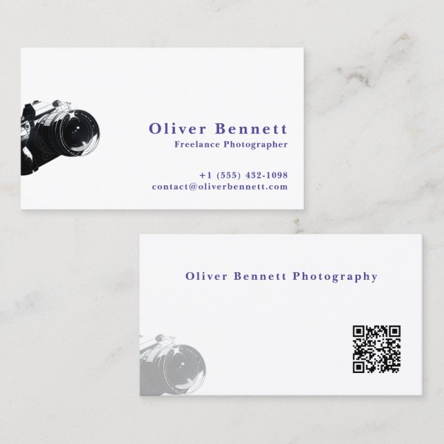 Tarjeta De Visita Side-cut Design Camera Photographer QR Code  (Anverso / Reverso)