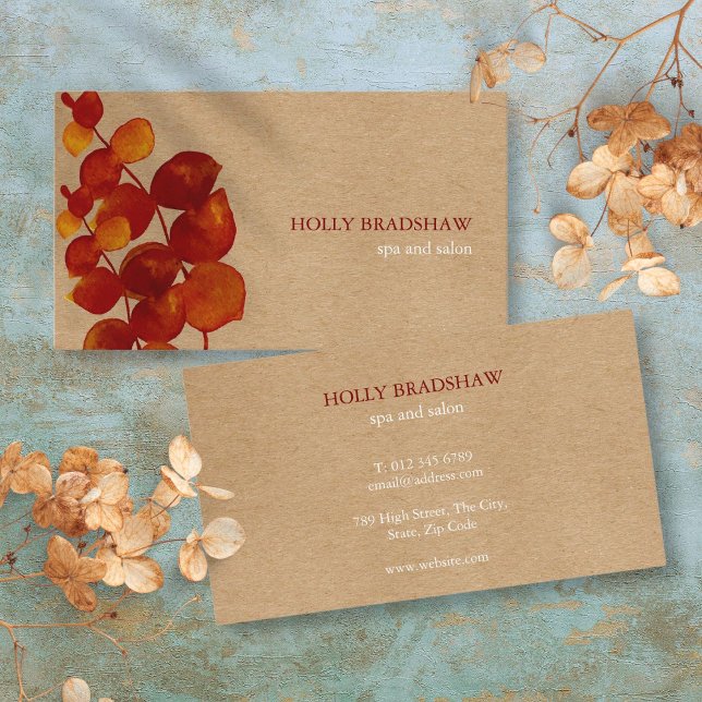 Tarjeta De Visita Siena quemada Eucalyptus deja un Kraft rústico (Burnt Sienna Eucalyptus Leaves Rustic Kraft Business Card)