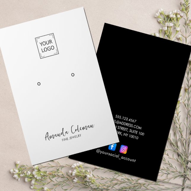 TARJETA DE VISITA SIGNATURA LLANA NEGRA LOGO DE JEWELRY (Custom logo, white or any color earring display card template with social media icons)