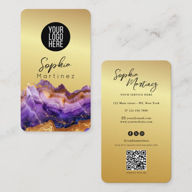 Tarjeta De Visita Signature Purple Agate gold marble & QR Code Logo (Anverso / Reverso)