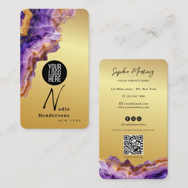 Tarjeta De Visita Signature Purple Agate gold marble & QR Code Logo (Anverso / Reverso)