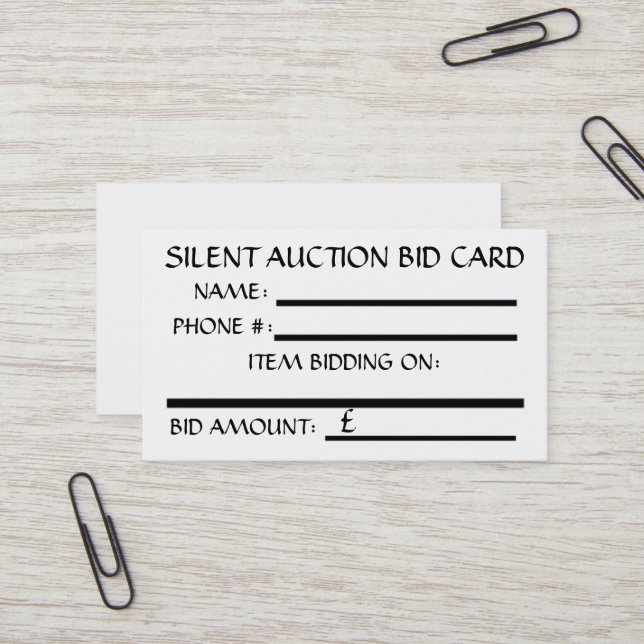 Tarjeta De Visita Silent Auction Bid Card (White) BRITISH POUND (Anverso/Reverso In Situ)
