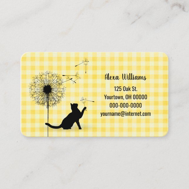 Tarjeta De Visita Silhouette Cat Con Dandelion En Gingham (Anverso)