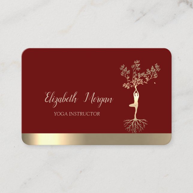 Tarjeta De Visita Silhouette de árbol de oro, yoga de Borgoña (Anverso)