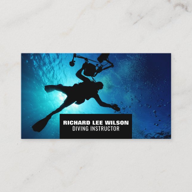 Tarjeta De Visita Silhouette de buceo en aguas profundas, instructor (Anverso)