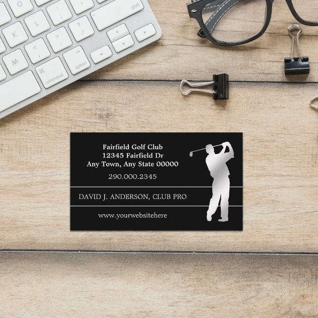 Tarjeta De Visita Silhouette Golfer plateada sobre negro (Subido por el creador)