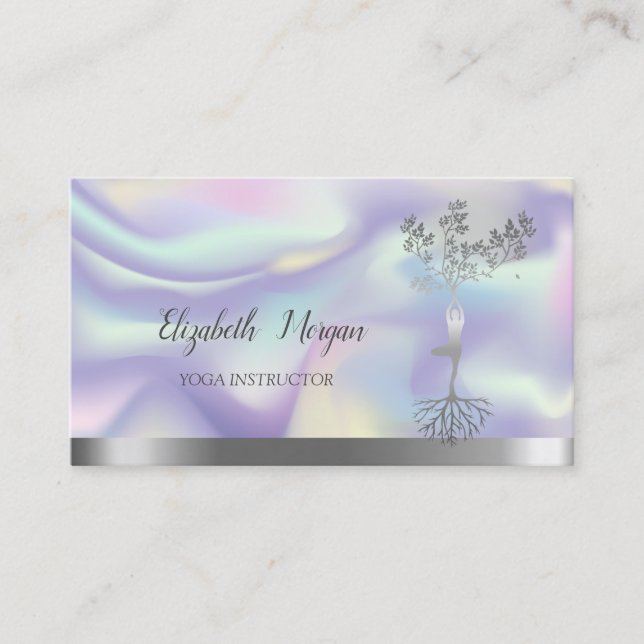 Tarjeta De Visita Silhouette para mujeres de árbol plateado holográf (Anverso)