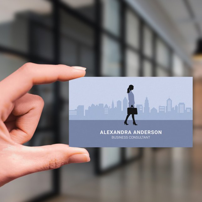 Tarjeta De Visita Silhouette y Skyline de la ciudad (Business Woman Silhouette & City Skyline Business Card)