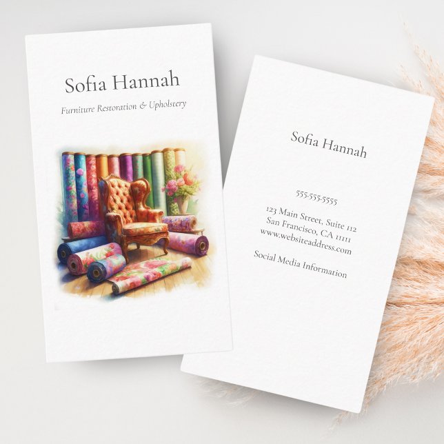Tarjeta De Visita Silla Y Tela De Ajena, Restauración Del Mobiliario (Charming wingback chair illustration for upholstery and restoration businesses.)